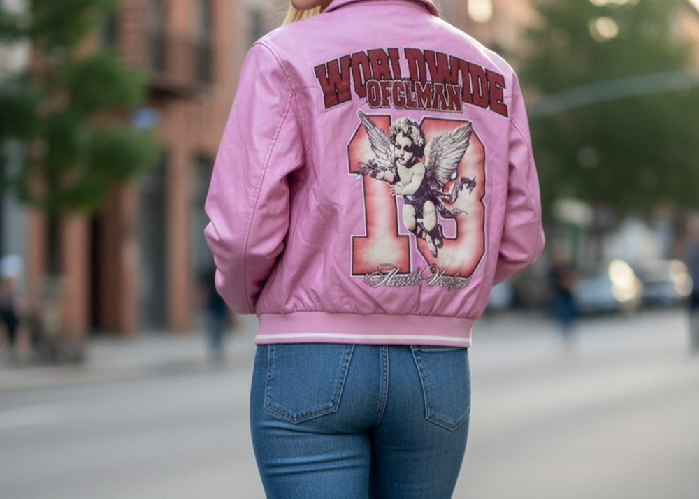 boohooMAN Pink Faux Leather Varsity Jacket Large 1OF1 Cherub Applique NWT